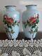 Pair Of Beautiful Pale Blue Rose Motif 7 Tall Antique Japanese Cloisonne Vases