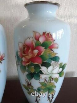 Pair of Beautiful Pale Blue Rose Motif 7 Tall Antique Japanese Cloisonne Vases
