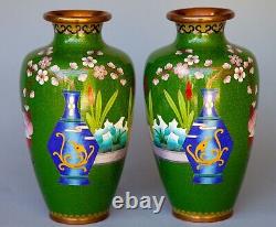 Pair of Chinese Cloisonne Vases Floral Design Green Art Deco 9.25 T
