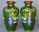 Pair Of Chinese Cloisonne Vases Floral Design Green Art Deco 9.25 T
