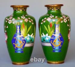 Pair of Chinese Cloisonne Vases Floral Design Green Art Deco 9.25 T
