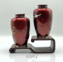 Pair of Craftsman Japanese Pigeon Blood Cloisonne Vases With Stand /b