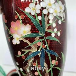 Pair of Craftsman Japanese Pigeon Blood Cloisonne Vases With Stand /b