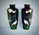 Pair Of Crane And Iris Cloisonné Enamel Vases, Meiji Period
