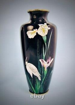 Pair of Crane and Iris Cloisonné Enamel Vases, Meiji Period