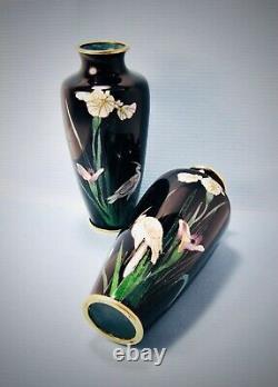 Pair of Crane and Iris Cloisonné Enamel Vases, Meiji Period