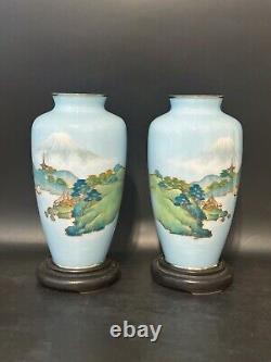 Pair of Japanese Cloisonne Vase. Pale Blue Ground with Mt. Fuji Scene. 7 1/4 H