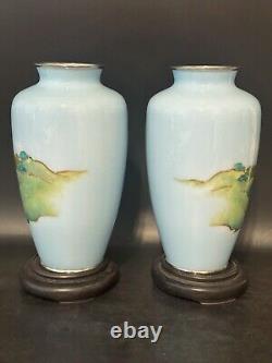 Pair of Japanese Cloisonne Vase. Pale Blue Ground with Mt. Fuji Scene. 7 1/4 H
