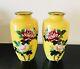 Pair Of Japanese Cloisonne Yellow Vases With Pink Rose Floral 7.25 Tall