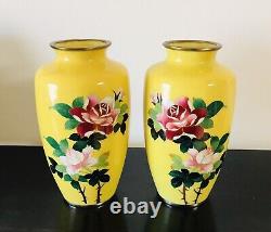 Pair of Japanese Cloisonne Yellow Vases with Pink Rose Floral 7.25 Tall