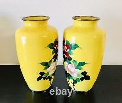 Pair of Japanese Cloisonne Yellow Vases with Pink Rose Floral 7.25 Tall