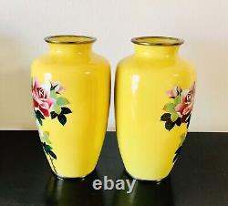 Pair of Japanese Cloisonne Yellow Vases with Pink Rose Floral 7.25 Tall