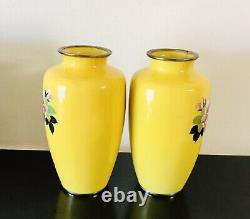 Pair of Japanese Cloisonne Yellow Vases with Pink Rose Floral 7.25 Tall