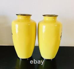 Pair of Japanese Cloisonne Yellow Vases with Pink Rose Floral 7.25 Tall