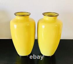 Pair of Japanese Cloisonne Yellow Vases with Pink Rose Floral 7.25 Tall