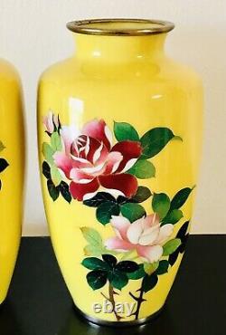 Pair of Japanese Cloisonne Yellow Vases with Pink Rose Floral 7.25 Tall