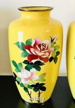 Pair of Japanese Cloisonne Yellow Vases with Pink Rose Floral 7.25 Tall