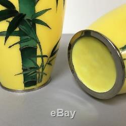 Pair of Japanese Silver Wire Yellow Cloisonne Vases With Bamboo Decoration