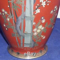 Pair of Meiji Period Japanese Silver Wire Cloisonne Vases with bamboo sparrows