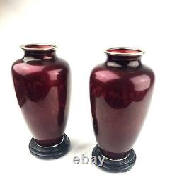 Pair of Red Japanese Sato Cloisonné Floral Enamel Vases with Stands 7 1/4