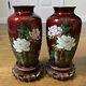 Pair Of Vintage Japan Ginbari Cloisonne Vases Blood Red Enamel Flower Japanese