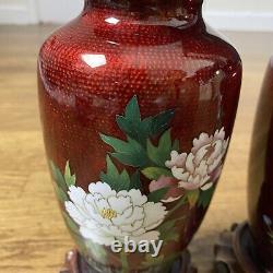Pair of Vintage Japan Ginbari Cloisonne Vases Blood Red Enamel Flower Japanese