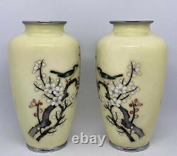 Pair of Vintage Japanese Cloisonné Vases with Birds and Cherry Blossoms EXC