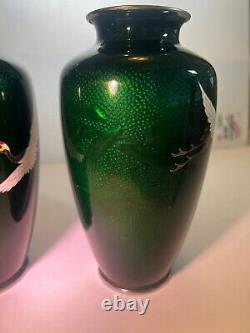 Pair of Vintage Japanese Green Crane Ginbari Cloisonne Silver Vases