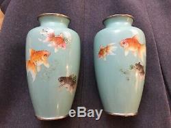 Pair oriental Japanese Chinese antique fantail koi turquoise cloisonne vases