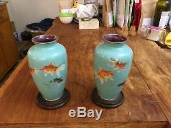 Pair oriental Japanese Chinese antique fantail koi turquoise cloisonne vases