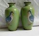 Pair Small Japanese Cloisonne Vases, Doves, Green Enamel