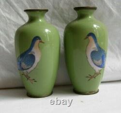 Pair small Japanese cloisonne vases, doves, green enamel