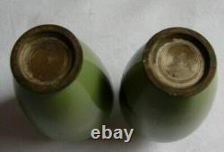 Pair small Japanese cloisonne vases, doves, green enamel