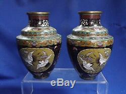 Pr. ANTIQUE JAPANESE MEIJI CLOISSONE 6 1/4H Vases Gold Stone Cranes & Butterfly