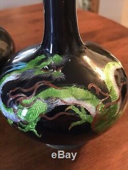 Pr Meiji Japanese Cloisonne Ginbari Enamel Coiled Dragon Vases