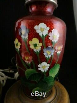 Pr. Vintage Japanese Cloisonné Floral Vases (now Lamps). C. 1930s. 12 1/8 t