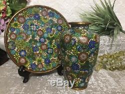 RARE! Antique OLD JAPANESE CLOISONNE ENAMEL MILLEFLEUR 7 PLATE & 6 Vase