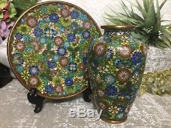 RARE! Antique OLD JAPANESE CLOISONNE ENAMEL MILLEFLEUR 7 PLATE & 6 Vase