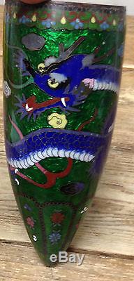 RARE Asian Japanese Cloisonne Wall Pocket Vase Green Foil Dragon Antique WOW