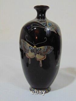 RARE Black Japanese 19th C Meiji SUPER Micro Cloisonne Vase Butterflies Moth