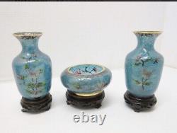 RARE COMPLETE SET Japanese Antique Plique a Jour Cloisonne Vases and bowl