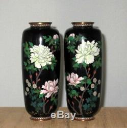 RARE Fine Pair Meiji Period Japanese Silver Wire Cloisonne Enamel Vases- Peonies