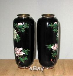 RARE Fine Pair Meiji Period Japanese Silver Wire Cloisonne Enamel Vases- Peonies