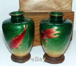 RARE PAIR of Antique BOXED Japanese Ginbari Green Cloisonné Fish Vases Signed