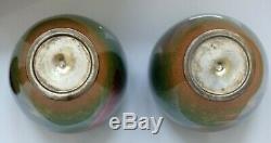 RARE PAIR of Antique BOXED Japanese Ginbari Green Cloisonné Fish Vases Signed