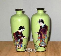 RARE Pair Meiji Early Japanese Gold /Silver Wire Cloisonne Enamel Vases -Geishas