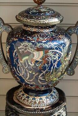 Rare 30 inch Dragon Cloisonne Koro Jar Meiji Japanese Antique Enamel Bird Vase