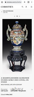 Rare 30 inch Dragon Cloisonne Koro Jar Meiji Japanese Antique Enamel Bird Vase