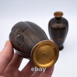 Rare Antique Japanese Black Monochrome Cloisonne Vases With Butterflies Meiji