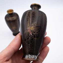 Rare Antique Japanese Black Monochrome Cloisonne Vases With Butterflies Meiji